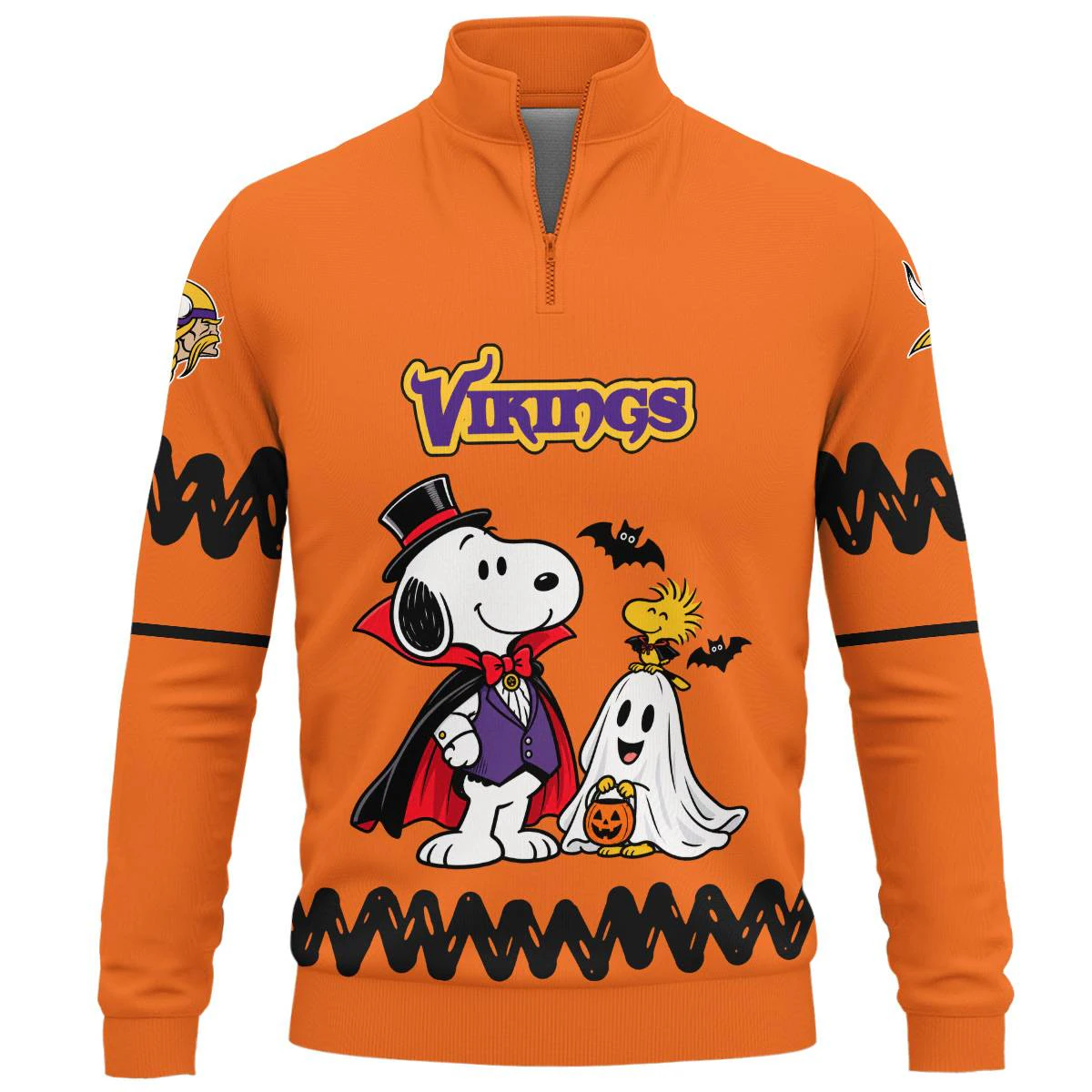 Minnesota Vikings Peanuts Halloween Quarter Zip Sweatshirt, Men's Purple Gold Quarter Zip Sweatshirt, Snoopy Football Fan Gift