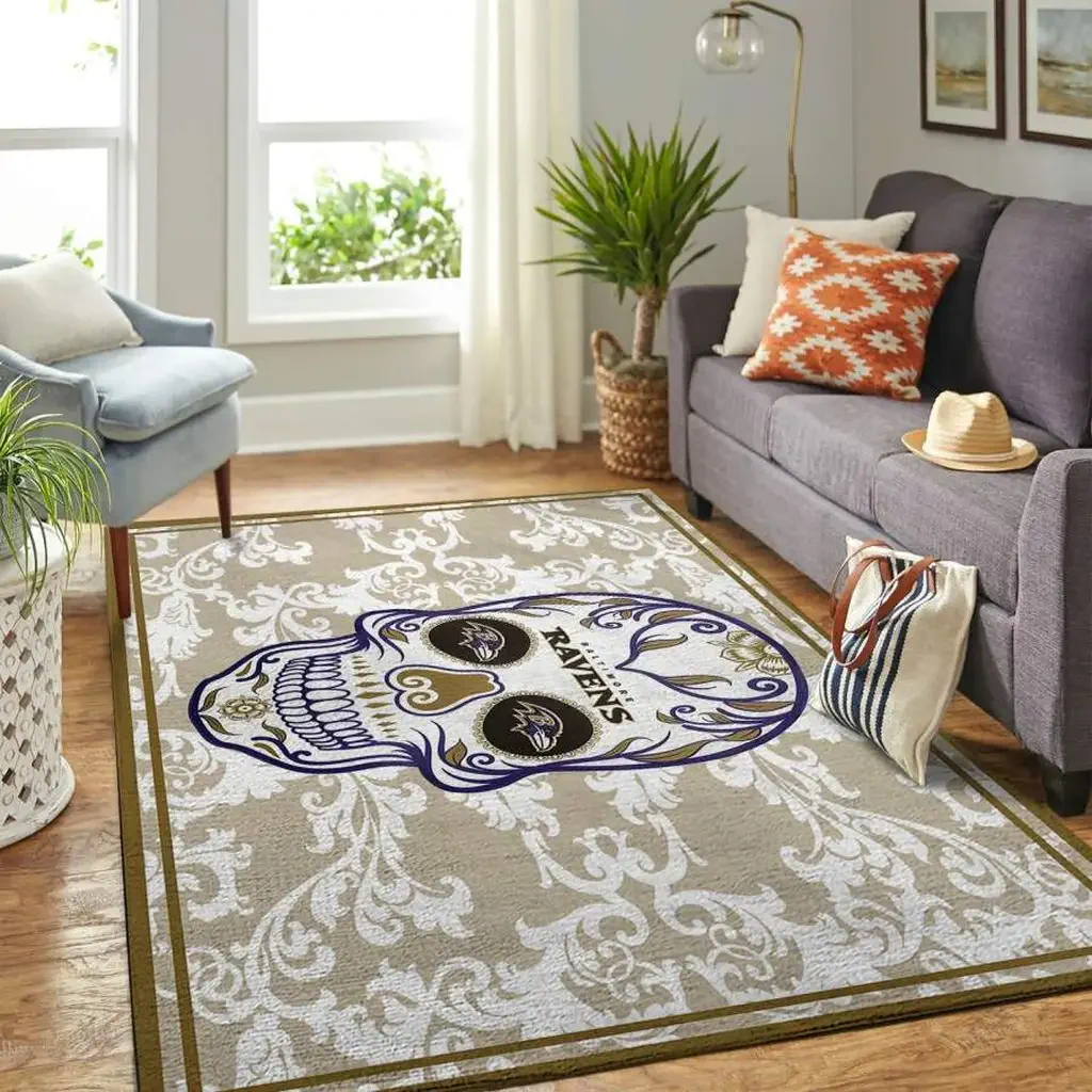 Baltimore Ravens Rug – Skull for Living Room Decor Beige and White