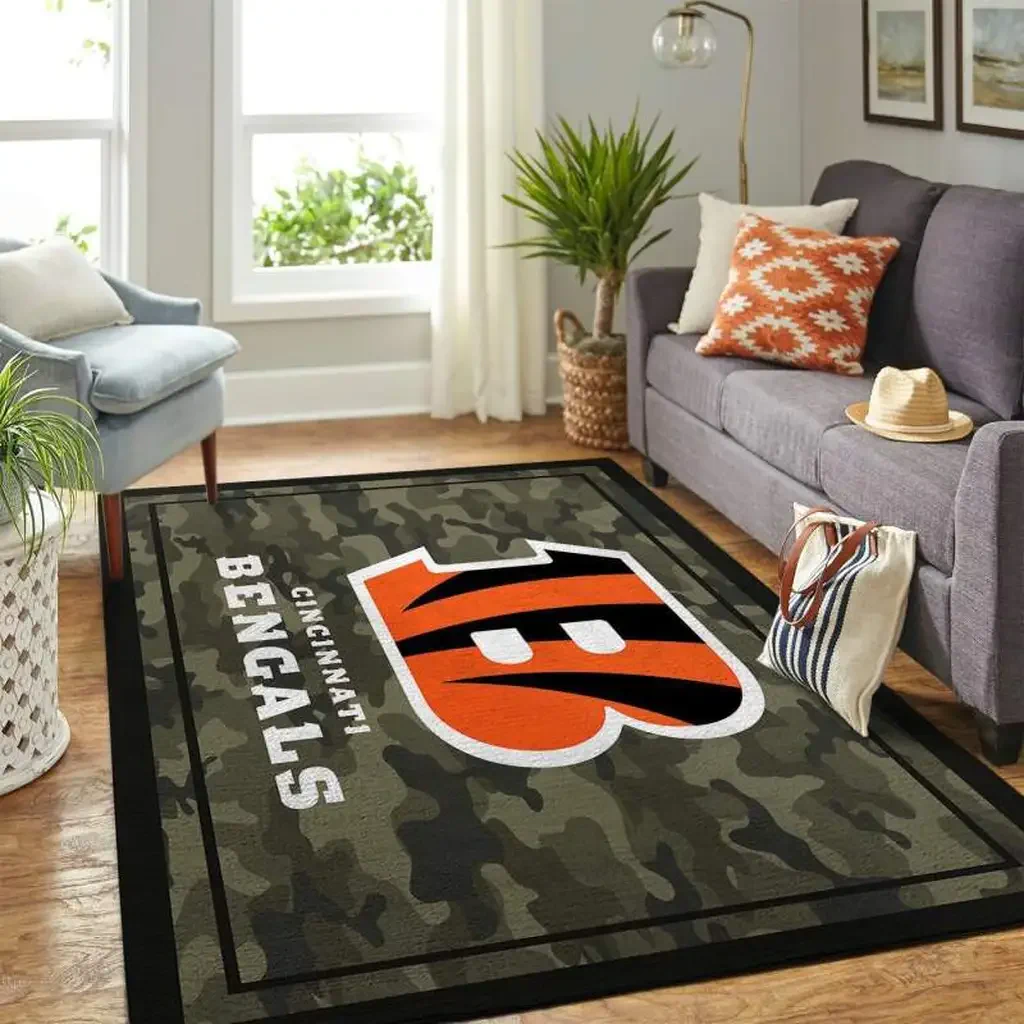 Cincinnati Bengals Rug – Camouflage Team Design Carpet Green and Orange