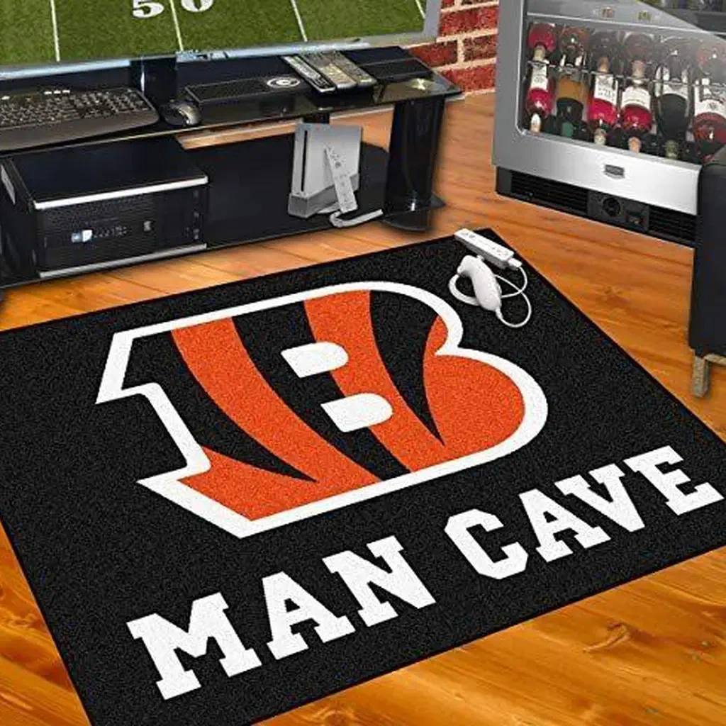 Bengals Rug for Game Room Man Cave Floor Decor Black and Orange