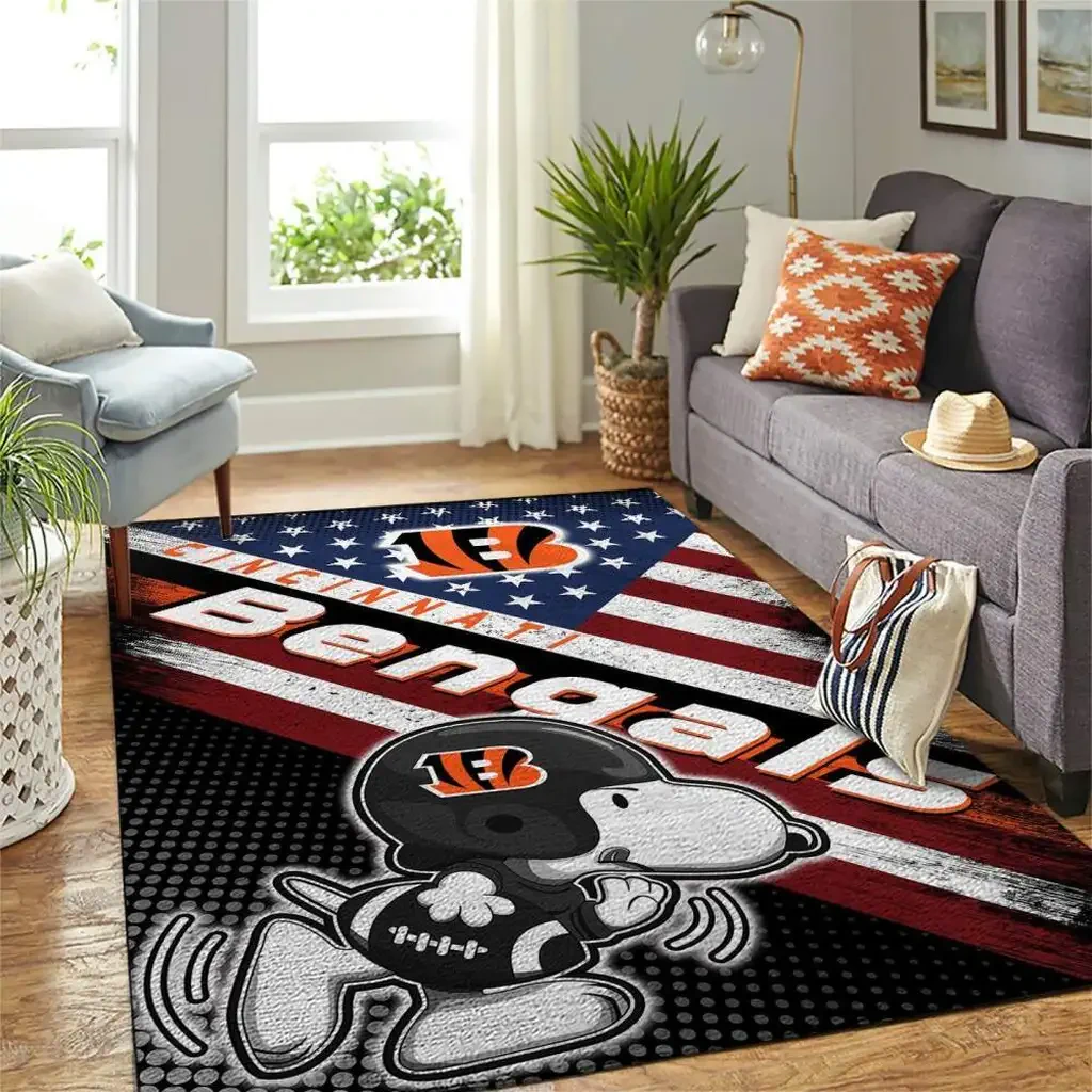 Cincinnati Bengals Rug – Design with American Flag Pattern Black and Orange