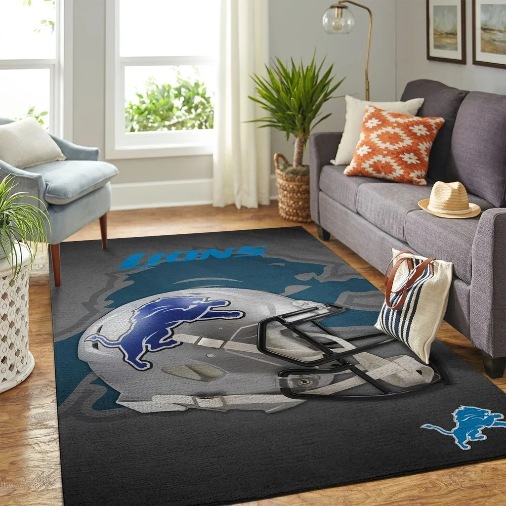 Detroit Lions Rug – Football Helmet for Fan Rooms Blue and Gray