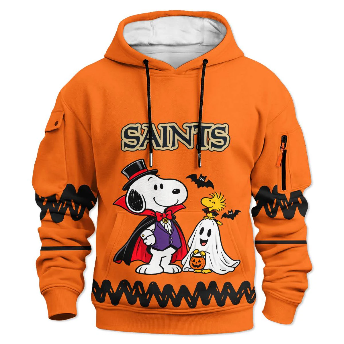 New Orleans Saints Peanuts Halloween Cargo Hoodie, Men's Black Gold Pullover Hoodie, Snoopy Football Fan Gift