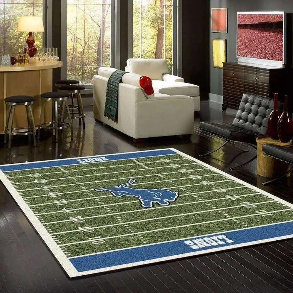 Detroit Lions Rug – Football Field for Living Room Decor Blue and Green