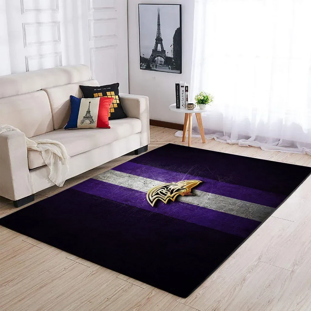 Striped Rug with Raven Logo for Modern Living Room Decor Purple and Gray