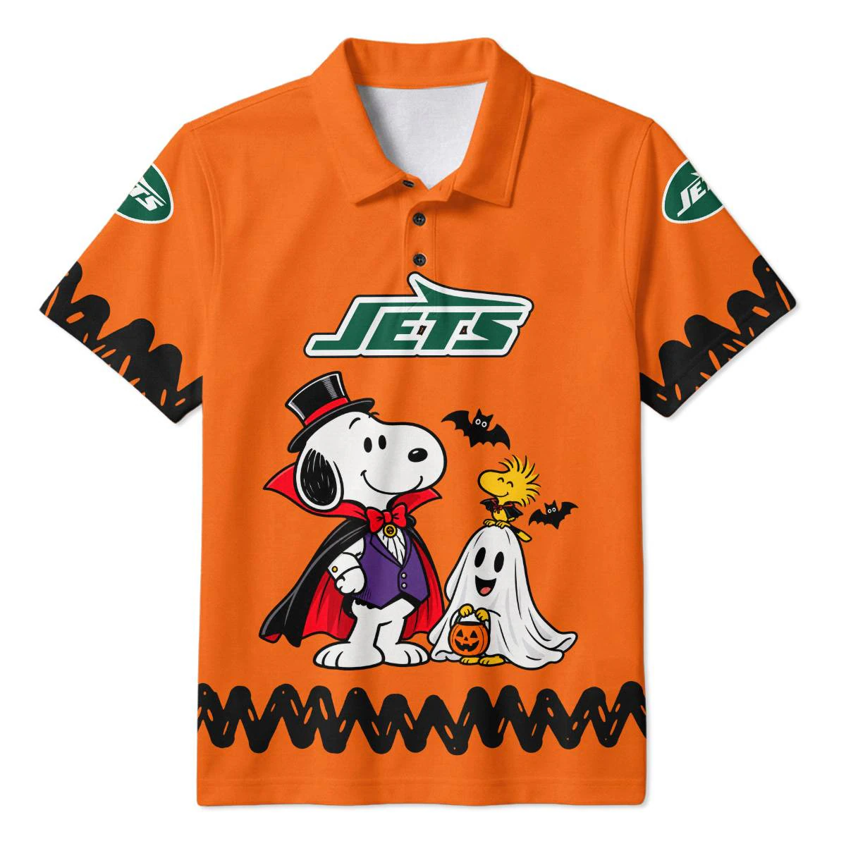 New York Jets Peanuts Halloween Polo Shirt, Men's Green White Golf Polo, Snoopy Football Fan Gift