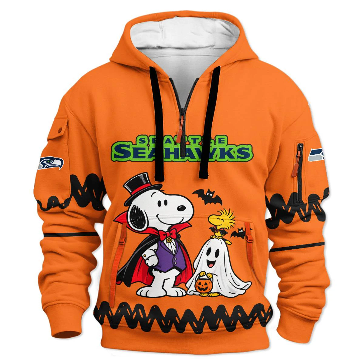 Seattle Seahawks Peanuts Halloween Hoodie Half Zip, Men's Navy Green Half Zip Hoodie, Snoopy Football Fan Gift