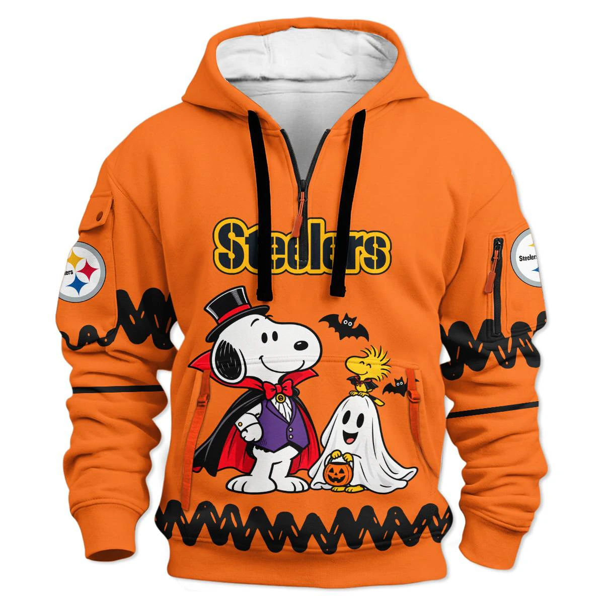 Pittsburgh Steelers Peanuts Halloween Hoodie Half Zip, Men's Black Gold Half Zip Hoodie, Snoopy Football Fan Gift