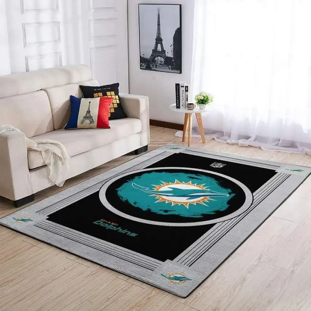 Miami Dolphins Rug – NFL Logo Area for Living Room Decor Black and Teal