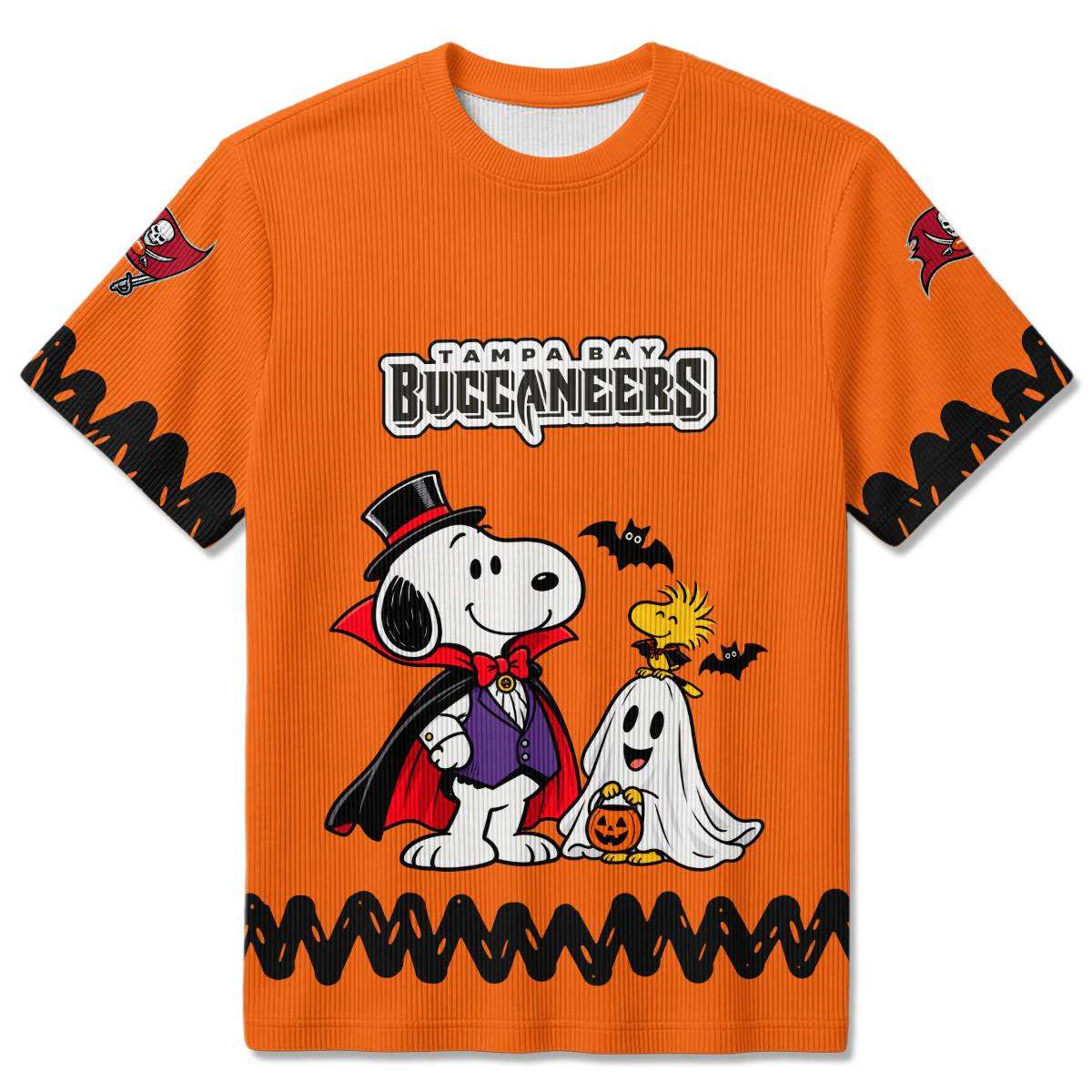 Tampa Bay Buccaneers Peanuts Halloween Ribbed T-Shirt, Men's Red Pewter Ribbed Tee, Snoopy Football Fan Gift