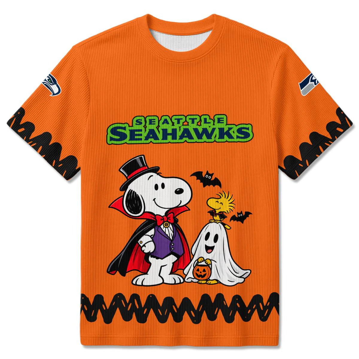 Seattle Seahawks Peanuts Halloween Ribbed T-Shirt, Men's Navy Green Ribbed Tee, Snoopy Football Fan Gift