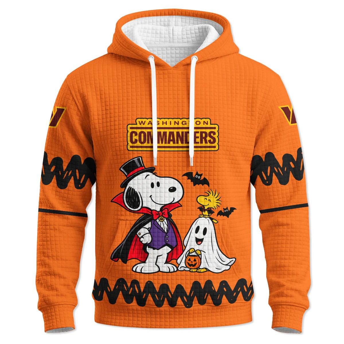 Washington Commanders Peanuts Halloween Hoodie Quilted Waffle, Men's Burgundy Gold Quilted Waffle Hoodie, Snoopy Football Fan Gift