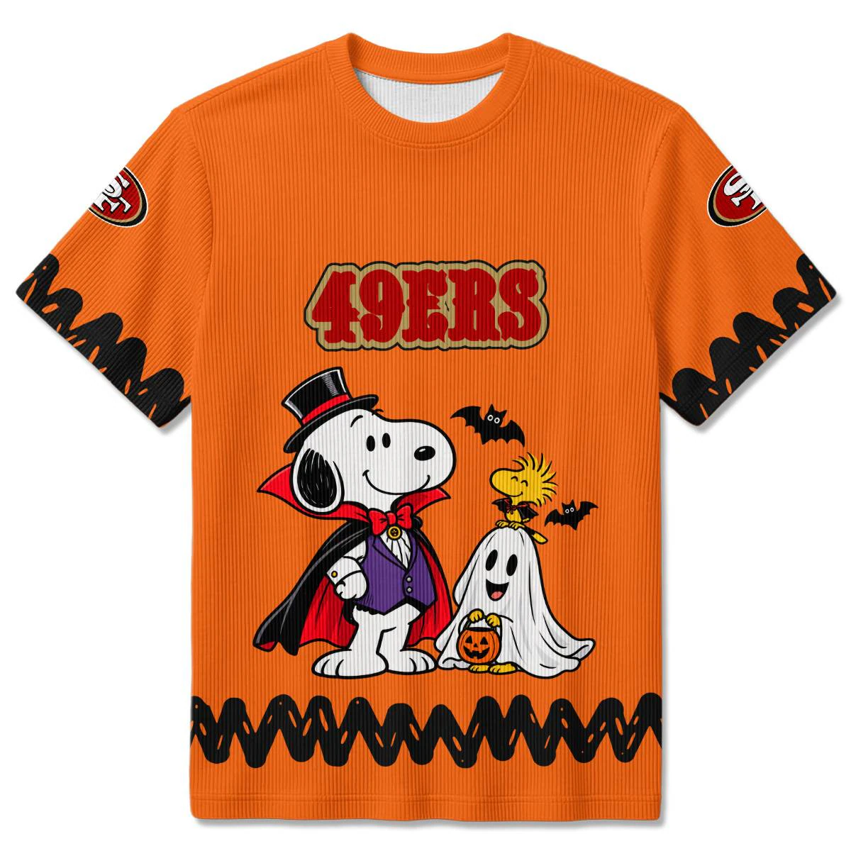 San Francisco 49ers Peanuts Halloween Ribbed T-Shirt, Men's Red Gold Ribbed Tee, Snoopy Football Fan Gift