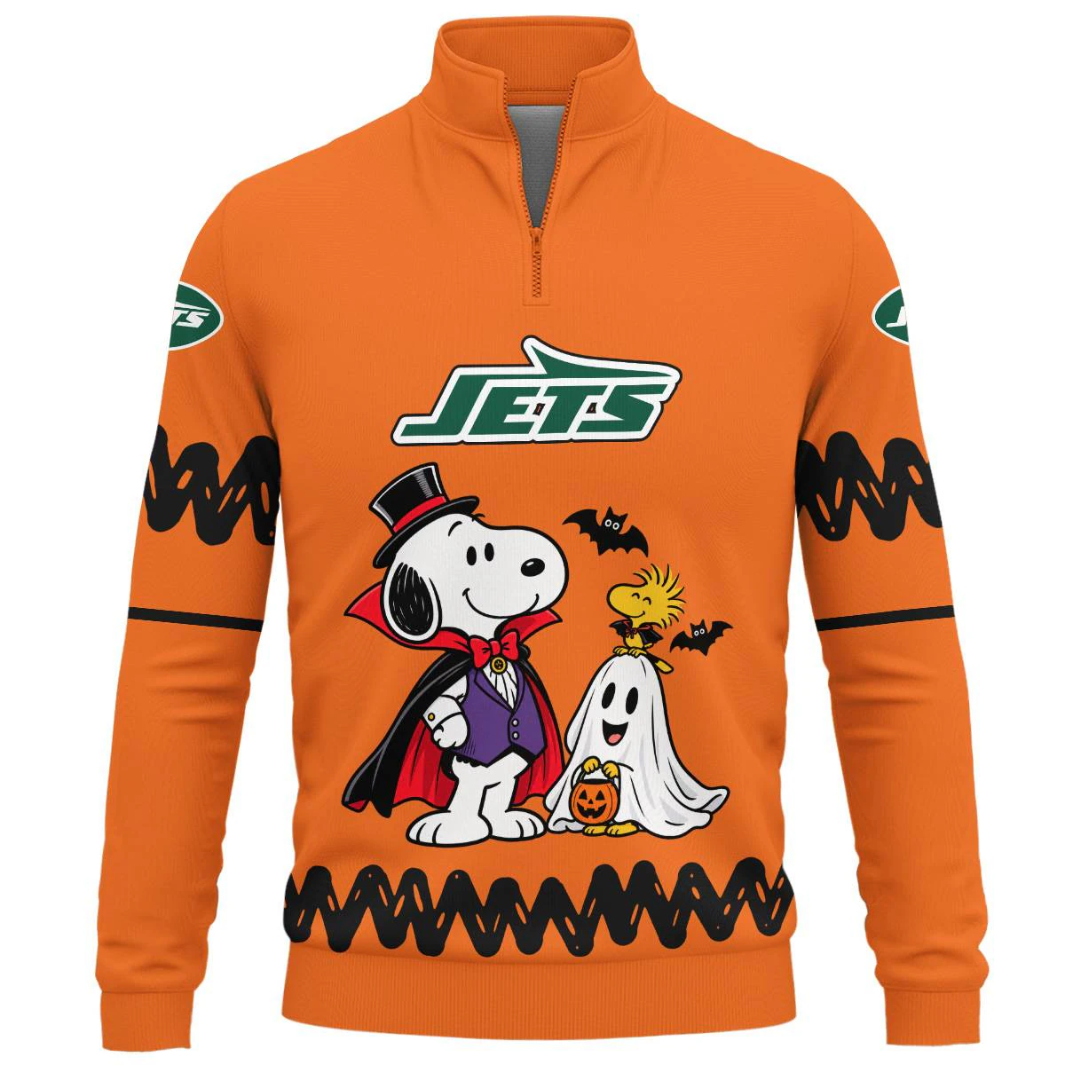 New York Jets Peanuts Halloween Quarter Zip Sweatshirt, Men's Green White Quarter Zip Sweatshirt, Snoopy Football Fan Gift