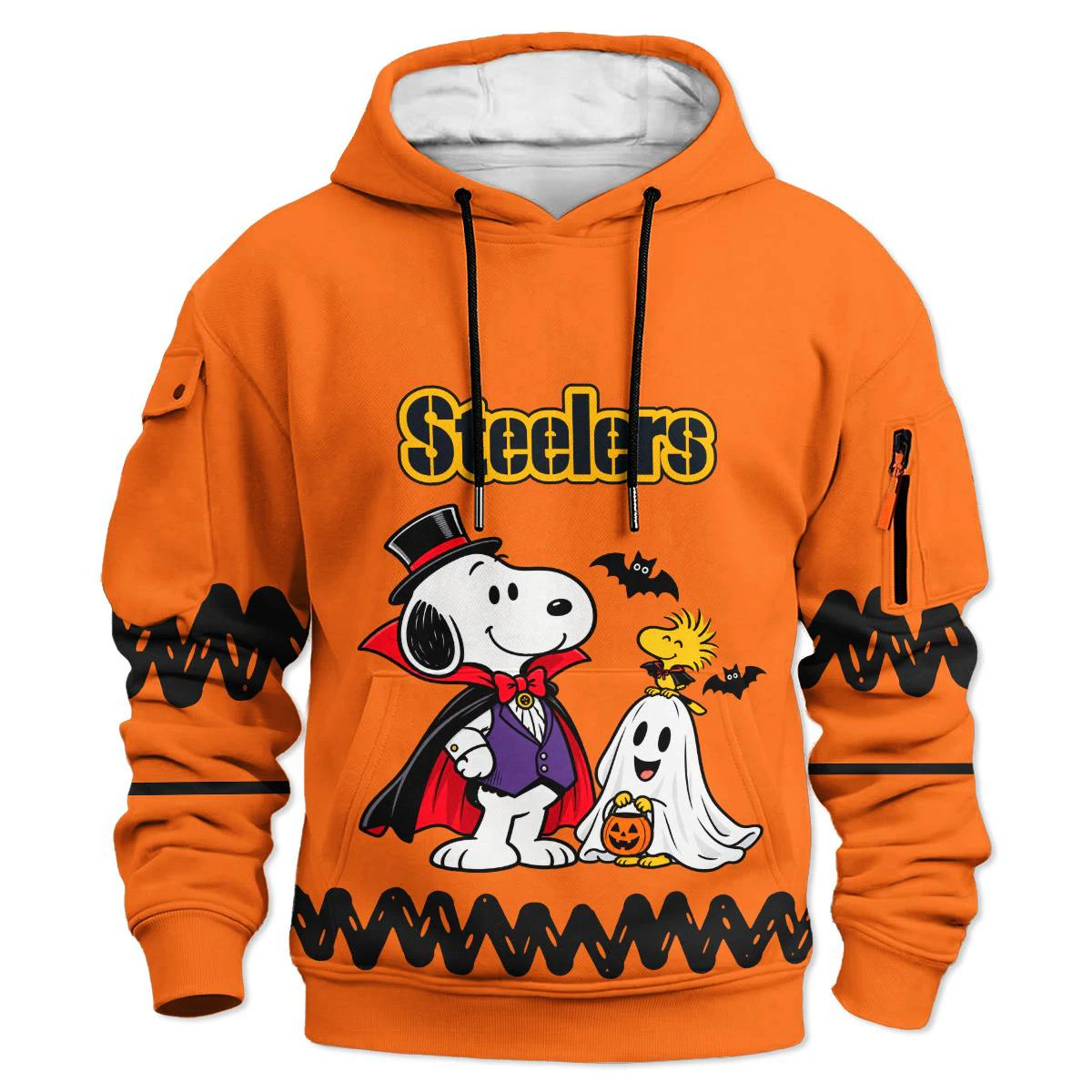 Pittsburgh Steelers Peanuts Halloween Cargo Hoodie, Men's Black Gold Pullover Hoodie, Snoopy Football Fan Gift