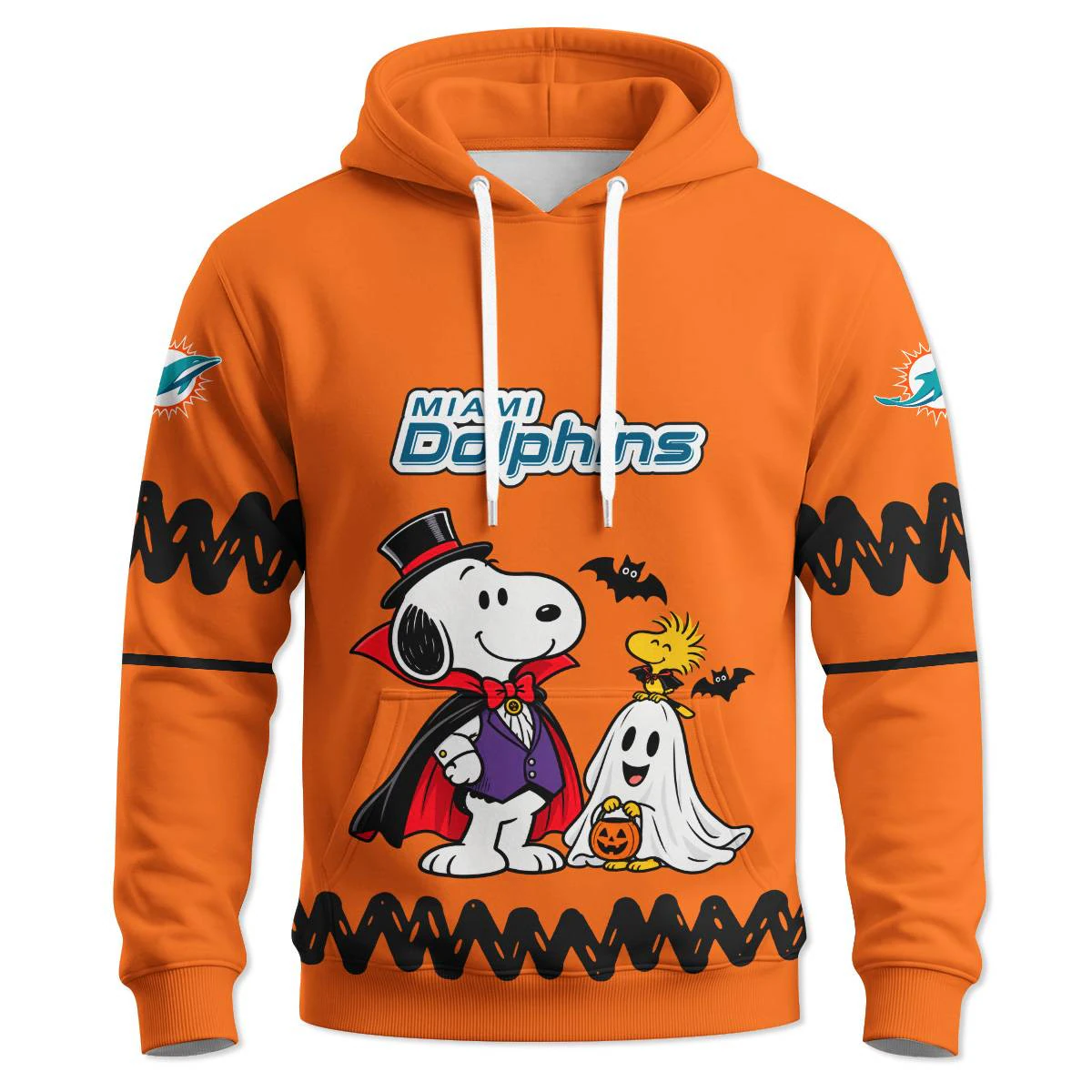 Miami Dolphins Peanuts Halloween Hoodie, Men's Aqua Orange Pullover Hoodie, Snoopy Football Fan Gift