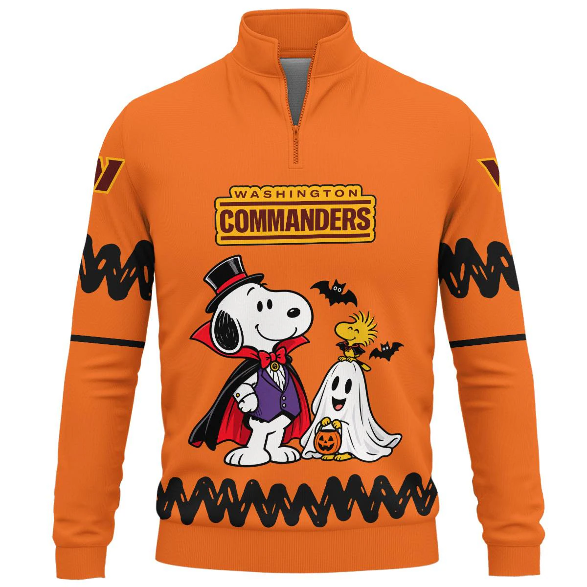 Washington Commanders Peanuts Halloween Quarter Zip Sweatshirt, Men's Burgundy Gold Quarter Zip Sweatshirt, Snoopy Football Fan Gift
