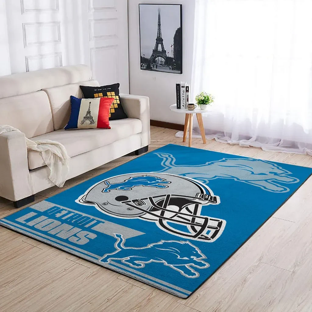 Detroit Lions Rug – Area for Living Room Floor Decor Blue and Gray