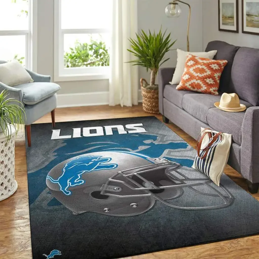 Detroit Lions Rug – Football Helmet Perfect for Fans Blue and Gray