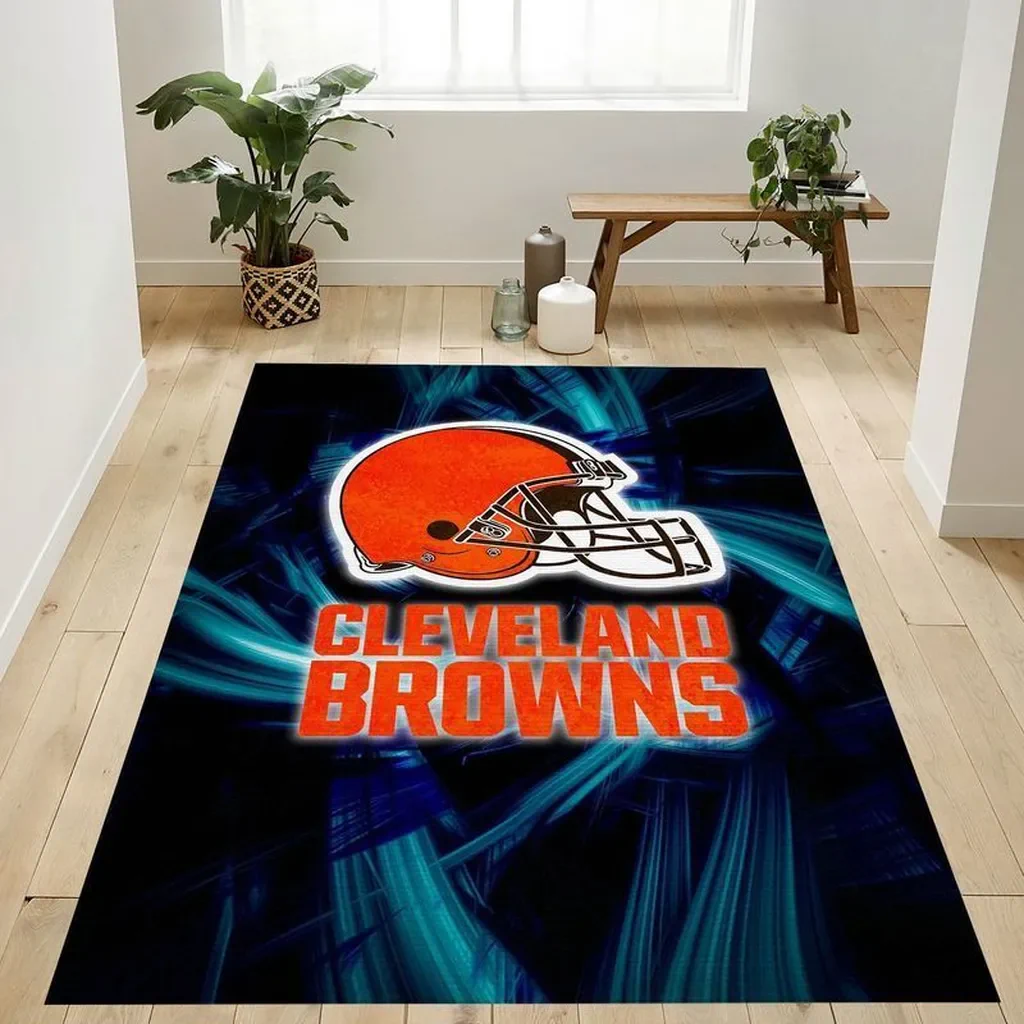 Cleveland Browns Rug – NFL Team with Helmet Backdrop Blue and Orange