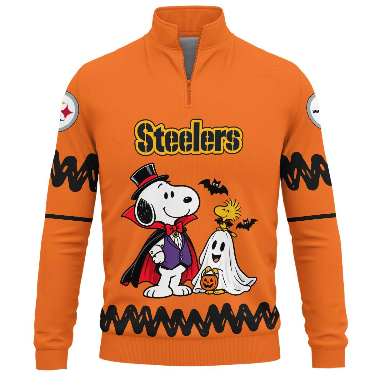 Pittsburgh Steelers Peanuts Halloween Quarter Zip Sweatshirt, Men's Black Gold Quarter Zip Sweatshirt, Snoopy Football Fan Gift