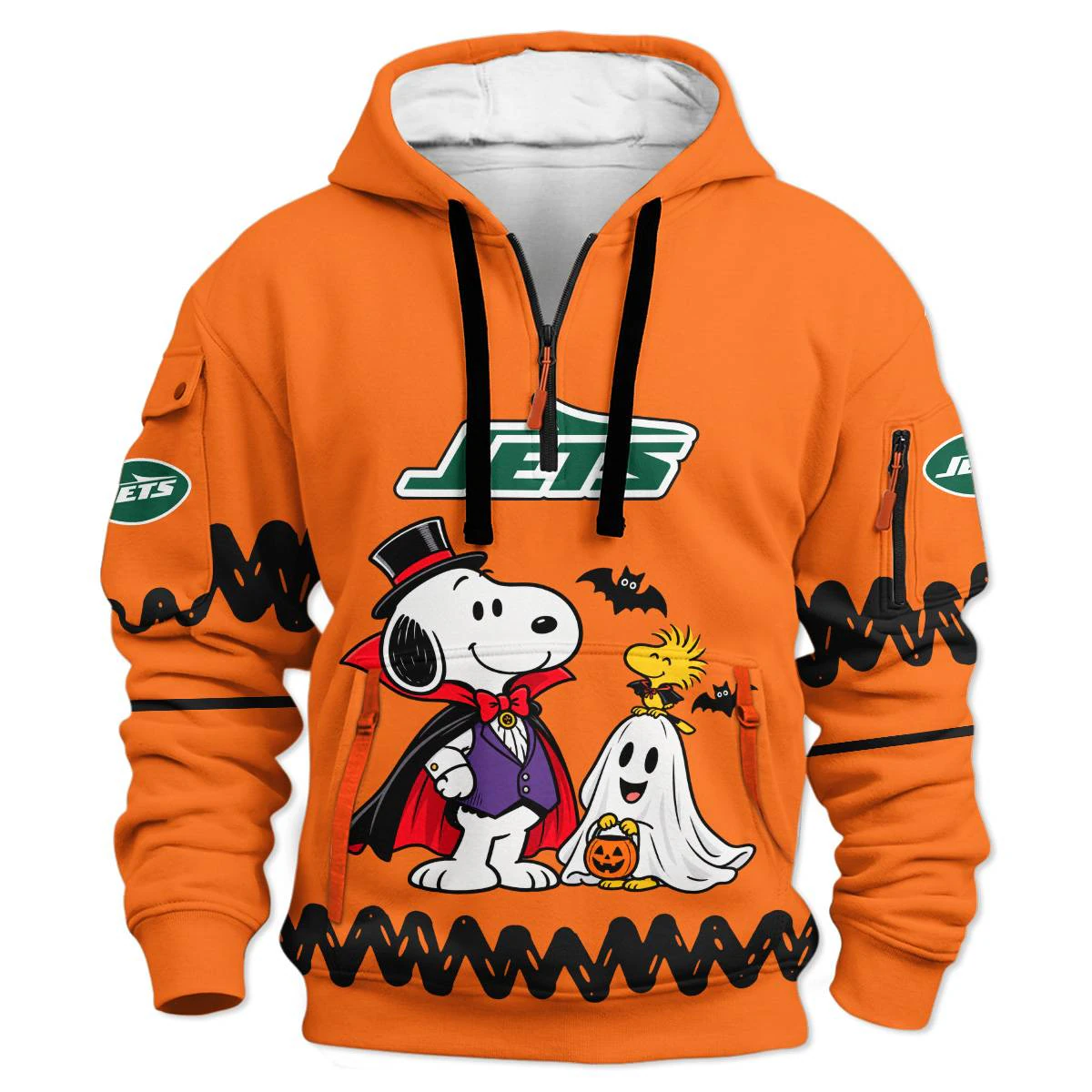 New York Jets Peanuts Halloween Hoodie Half Zip, Men's Green White Half Zip Hoodie, Snoopy Football Fan Gift