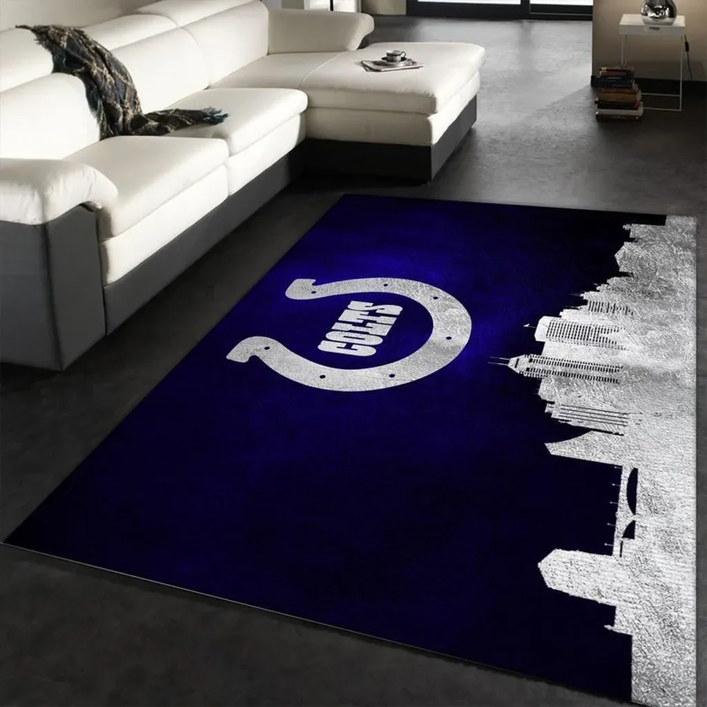Modern Rug with Cityscape and Horseshoe Pattern Design Black and Green