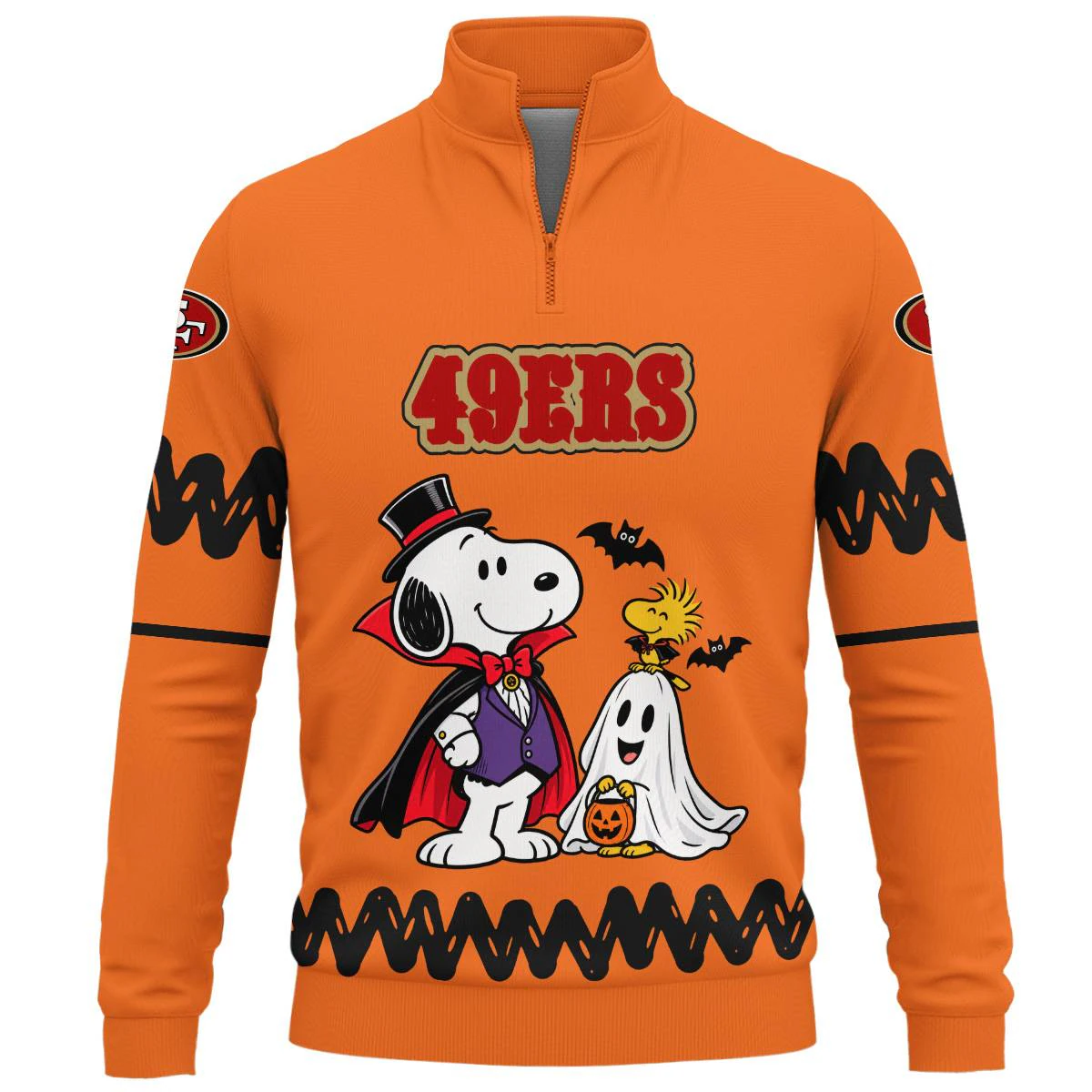San Francisco 49ers Peanuts Halloween Quarter Zip Sweatshirt, Men's Red Gold Quarter Zip Sweatshirt, Snoopy Football Fan Gift