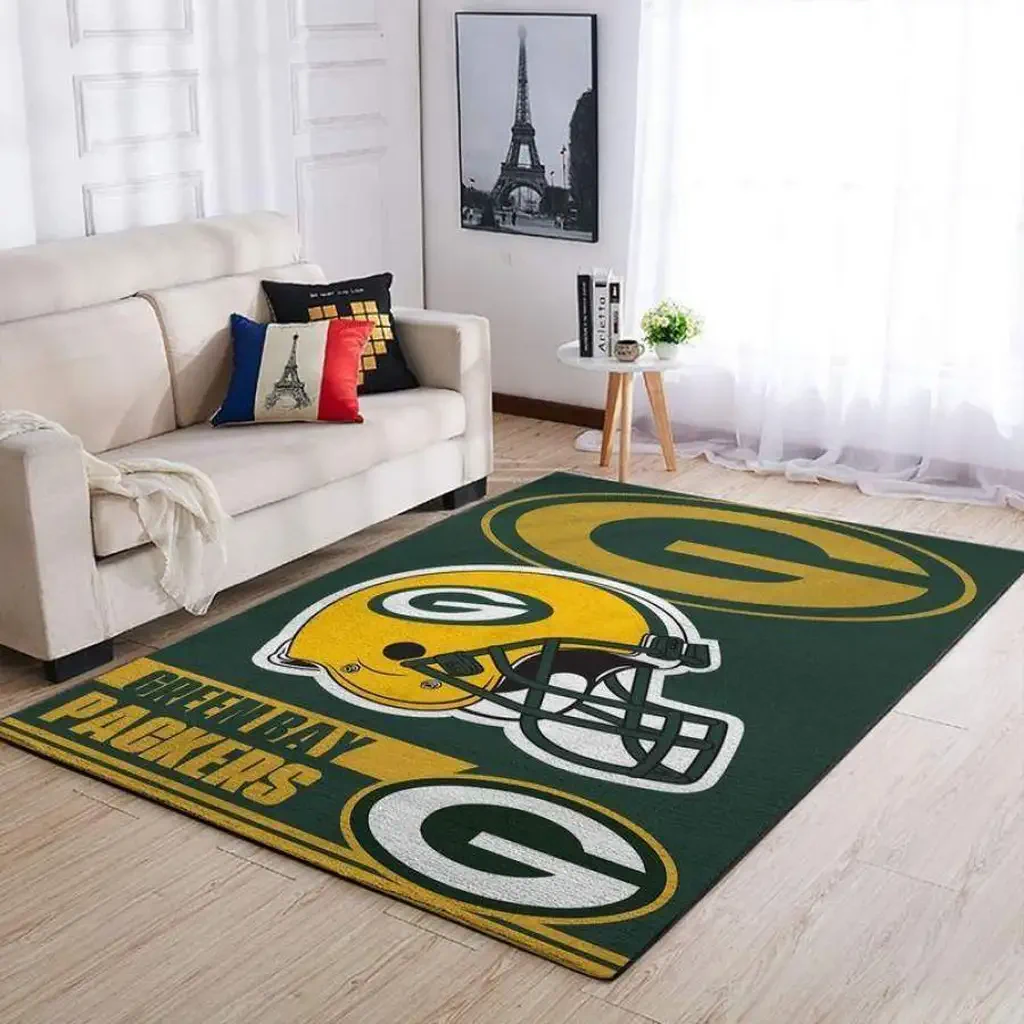 Bay Packers Rug – Area with Helmet and Logo for Living Room Green and Yellow