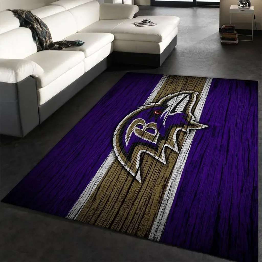 Striped Rug with Bold Raven Logo Perfect for Living Room Purple and Brown