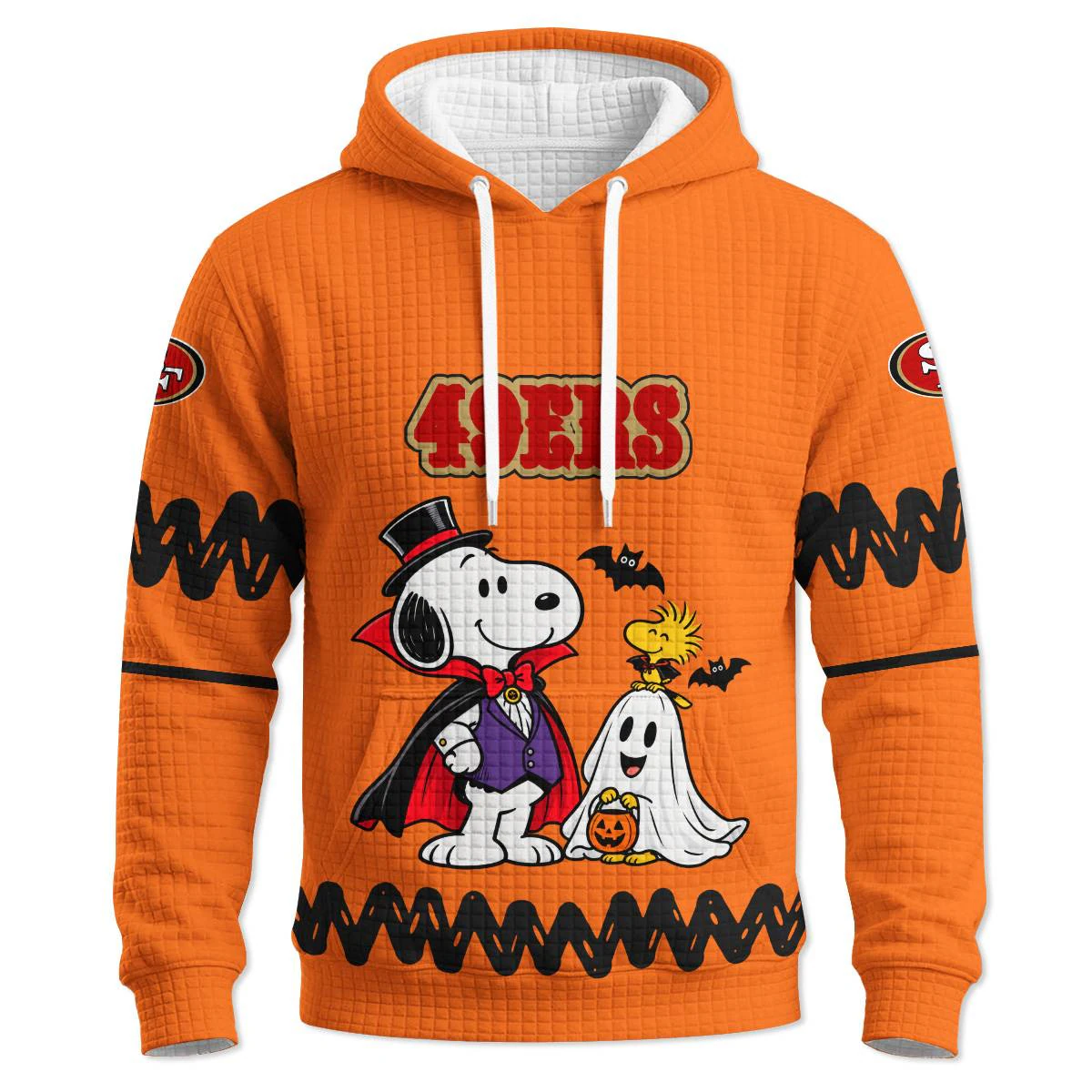 San Francisco 49ers Peanuts Halloween Hoodie Quilted Waffle, Men's Red Gold Quilted Waffle Hoodie, Snoopy Football Fan Gift