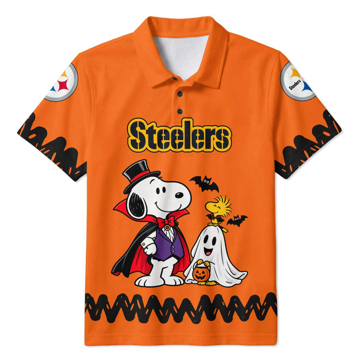 Pittsburgh Steelers Peanuts Halloween Polo Shirt, Men's Black Gold Golf Polo, Snoopy Football Fan Gift