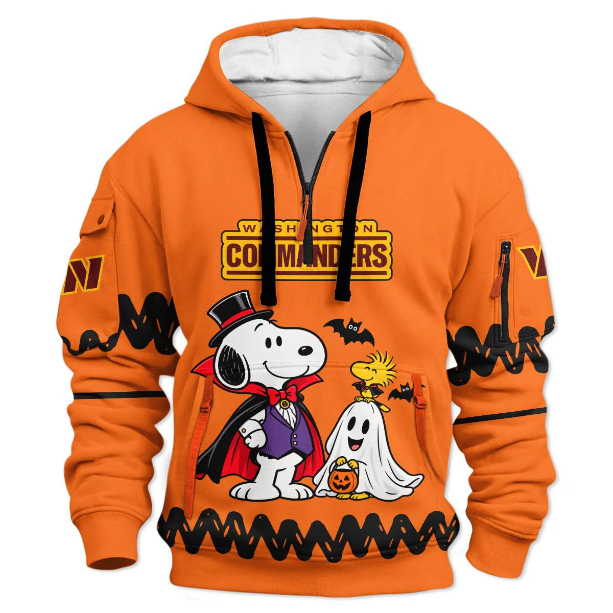 Washington Commanders Peanuts Halloween Hoodie Half Zip, Men's Burgundy Gold Half Zip Hoodie, Snoopy Football Fan Gift
