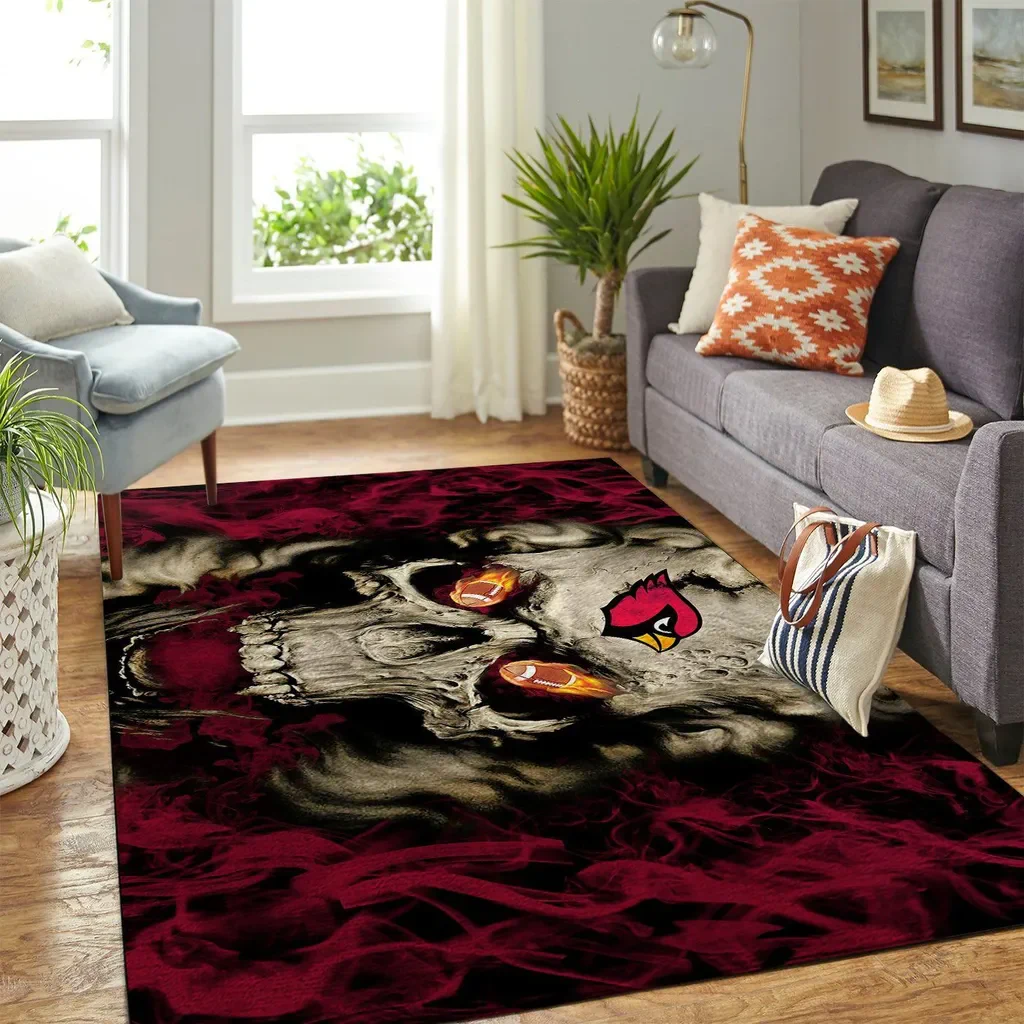 Skull Rug with Fiery Eyes and Cardinal Logo Design Black and Red