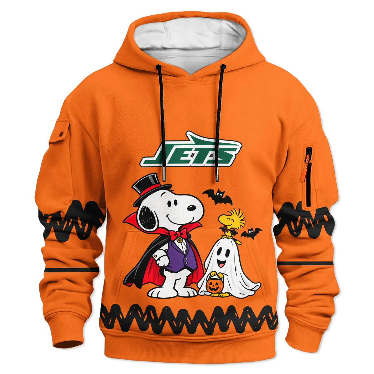 New York Jets Peanuts Halloween Cargo Hoodie, Men's Green White Pullover Hoodie, Snoopy Football Fan Gift