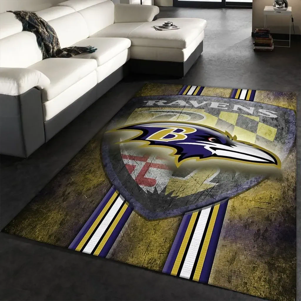 Baltimore Ravens Rug – Distressed Style Football Carpet Purple and Yellow