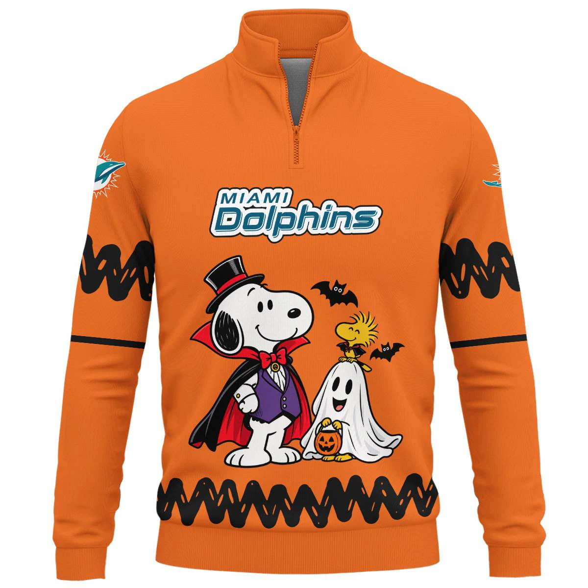 Miami Dolphins Peanuts Halloween Quarter Zip Sweatshirt, Men's Aqua Orange Quarter Zip Sweatshirt, Snoopy Football Fan Gift