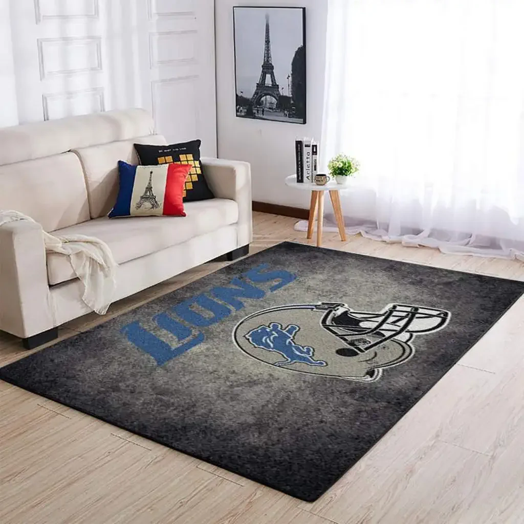 Detroit Lions Rug – Football Helmet Living Room Decor Blue and Gray