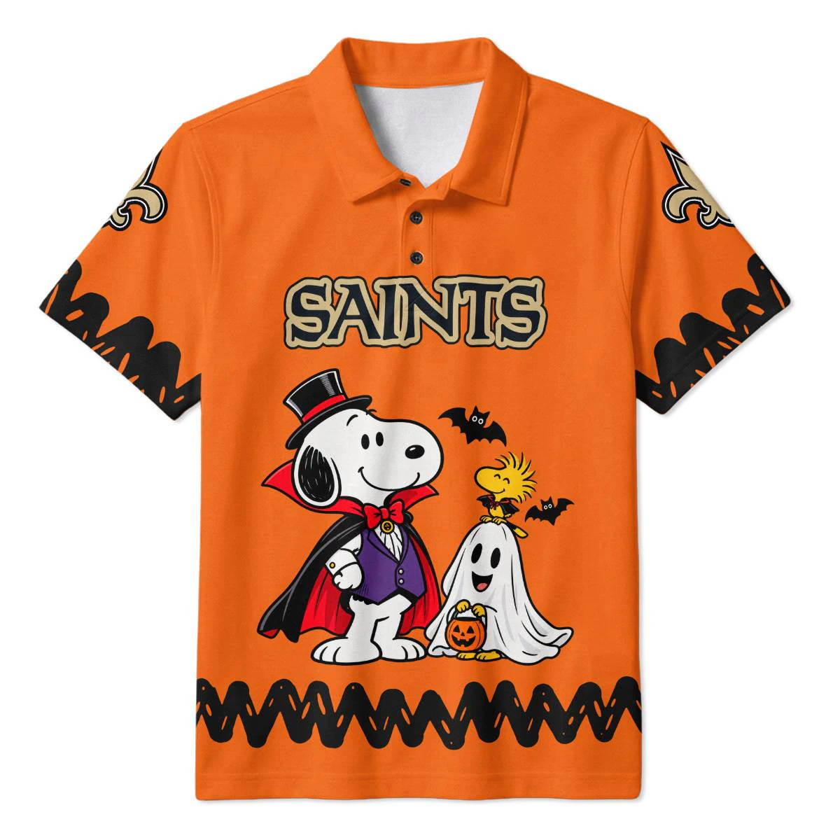 New Orleans Saints Peanuts Halloween Polo Shirt, Men's Black Gold Golf Polo, Snoopy Football Fan Gift