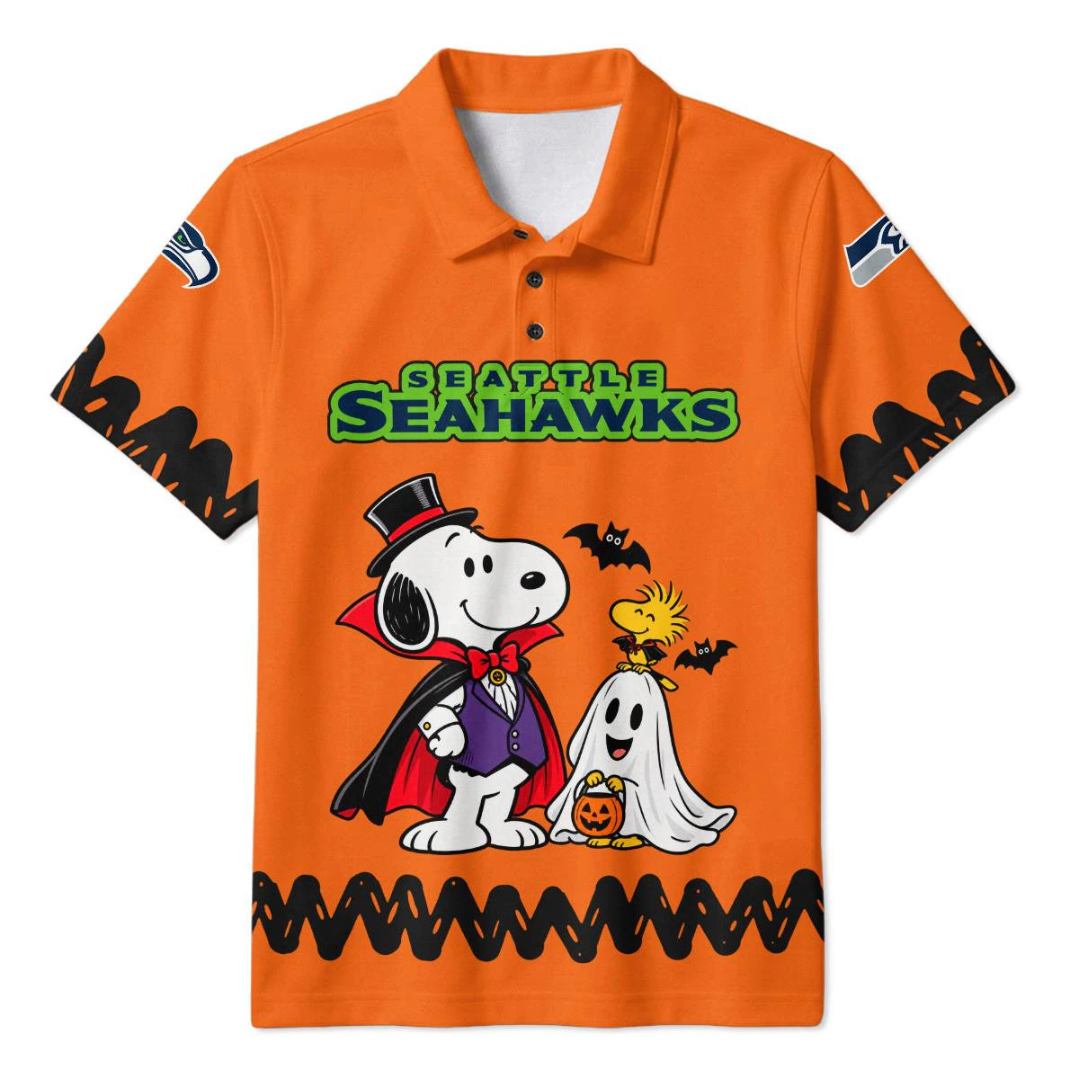 Seattle Seahawks Peanuts Halloween Polo Shirt, Men's Navy Green Golf Polo, Snoopy Football Fan Gift