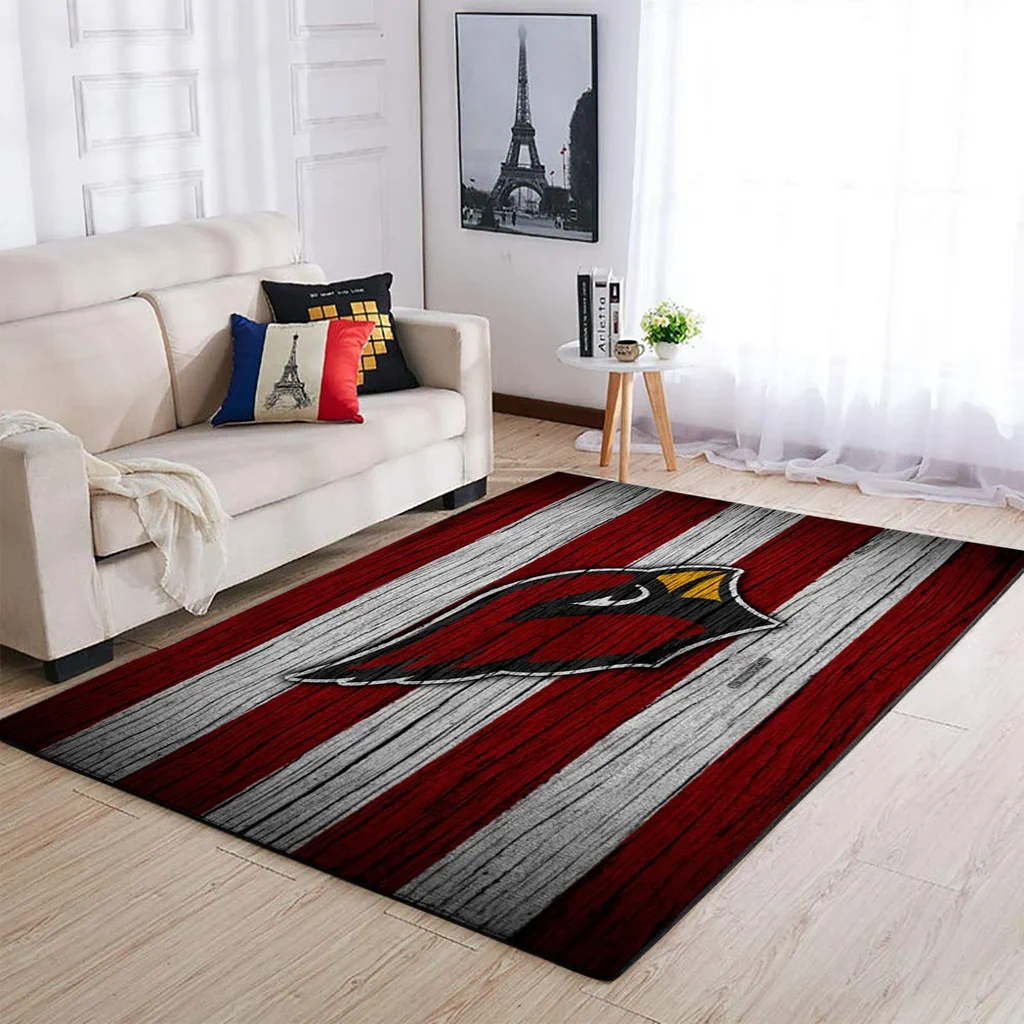 Striped Rug with Bold Bird Logo for Living Room Decor Red and White