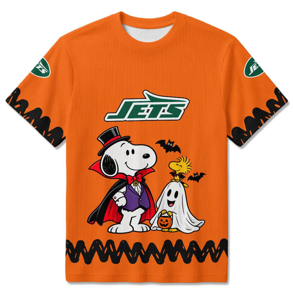New York Jets Peanuts Halloween Ribbed T-Shirt, Men's Green White Ribbed Tee, Snoopy Football Fan Gift
