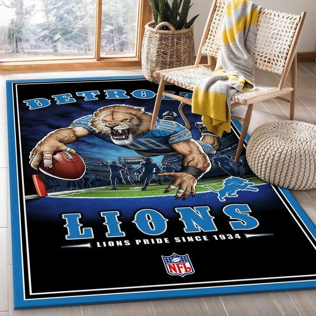 Detroit Lions Rug – NFL Sports Area for Fans Black and Blue