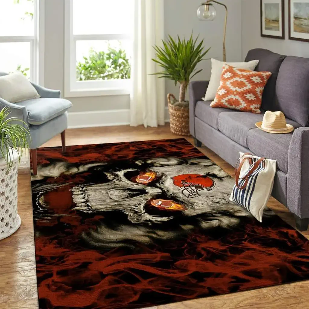 Skull Pattern Rug with Football Helmet for Living Room Black and Red