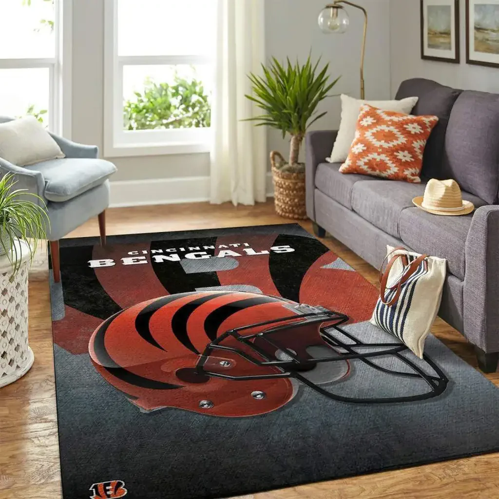 Cincinnati Bengals Rug – Football Helmet Area for Fans Black and Orange