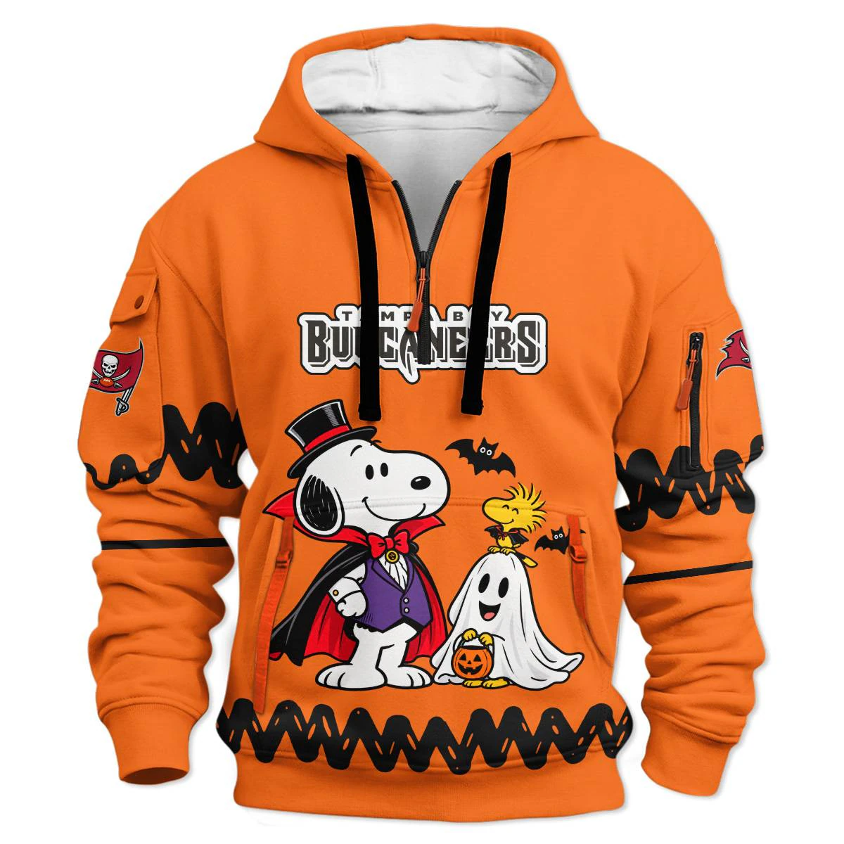 Tampa Bay Buccaneers Peanuts Halloween Hoodie Half Zip, Men's Red Pewter Half Zip Hoodie, Snoopy Football Fan Gift