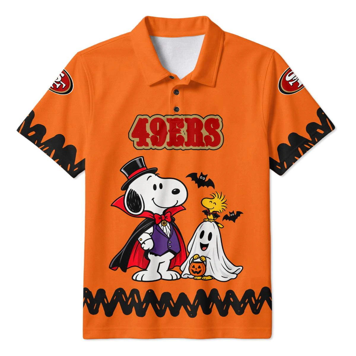 San Francisco 49ers Peanuts Halloween Polo Shirt, Men's Red Gold Golf Polo, Snoopy Football Fan Gift