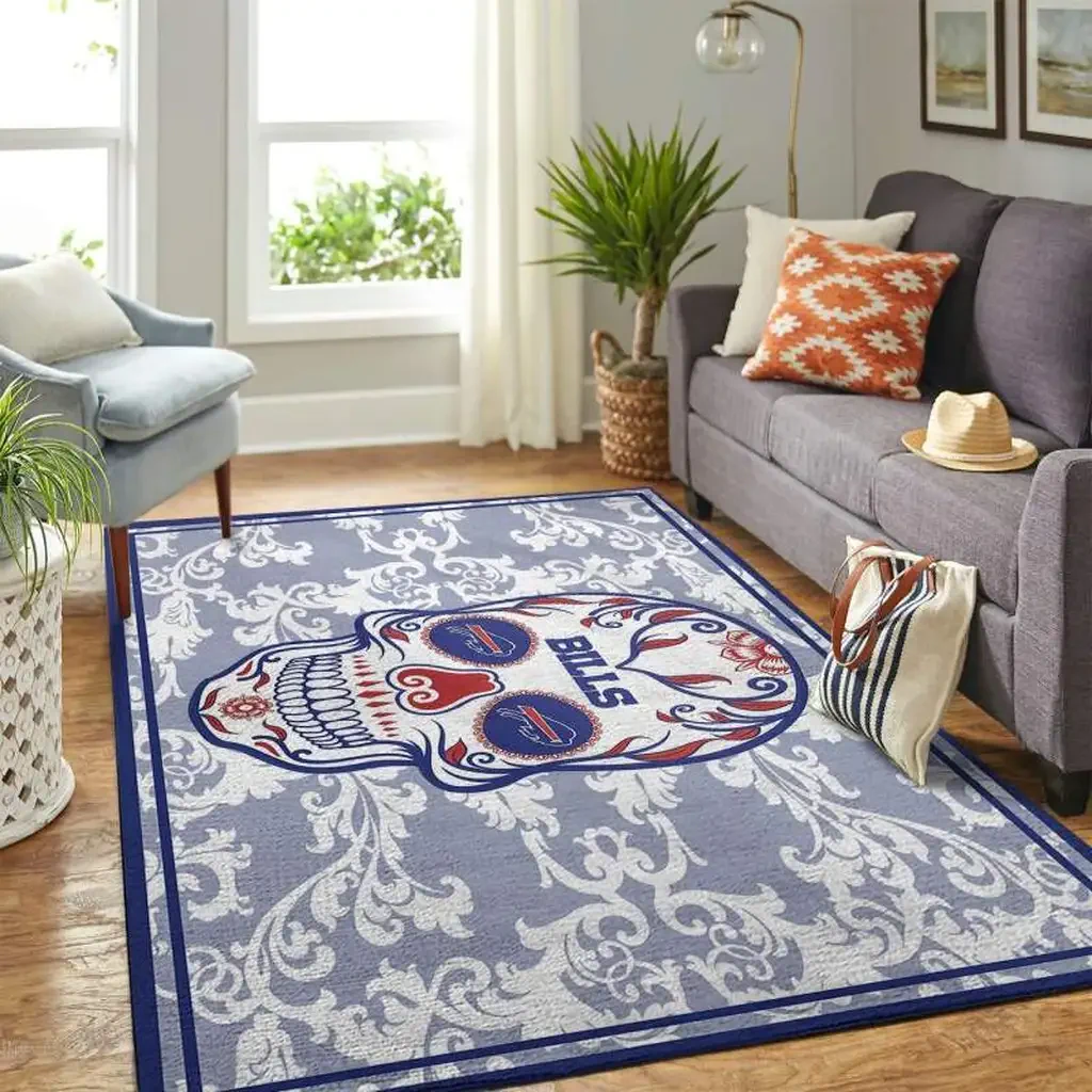 Decorative Rug Featuring Skull and Bills Logo Design Blue and White