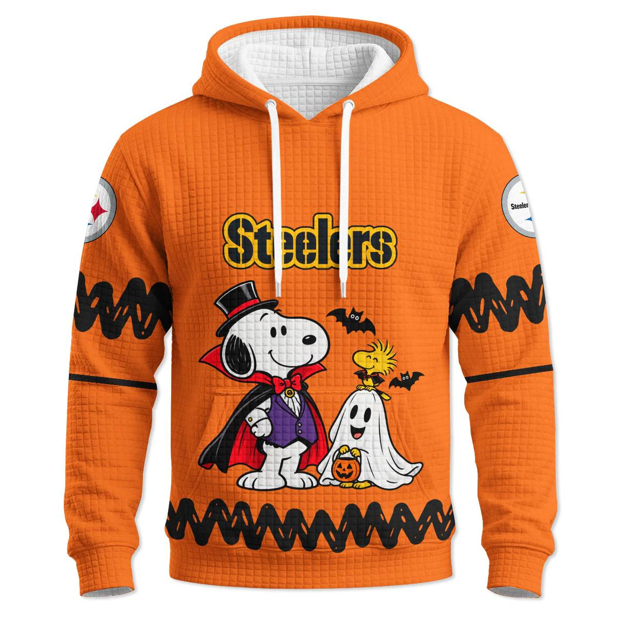 Pittsburgh Steelers Peanuts Halloween Hoodie Quilted Waffle, Men's Black Gold Quilted Waffle Hoodie, Snoopy Football Fan Gift