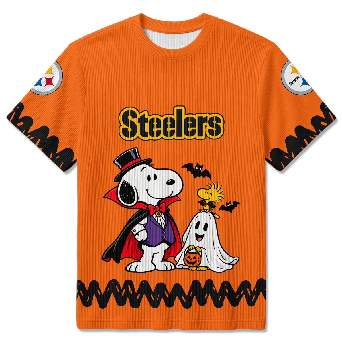 Pittsburgh Steelers Peanuts Halloween Ribbed T-Shirt, Men's Black Gold Ribbed Tee, Snoopy Football Fan Gift